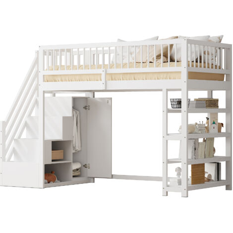 Lit mezzanine 90x200 haute avec penderie étagères et rangement avec échelle d'escalade  Lit jeune en bois massif blanc