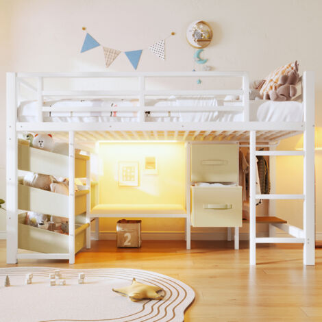 Lit mezzanine 90x200 métal avec LED multicolore, tiroir tissu, coussin, crochets, blanc