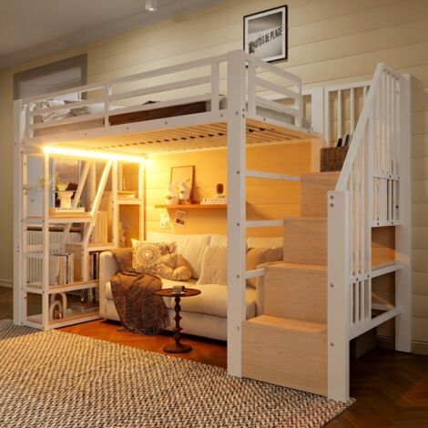 Lit Mezzanine 90x200 Métal Blanc avec Rangement & LED - Lit Surélevé Enfant Robuste, Escaliers Intégrés et Sécurisé