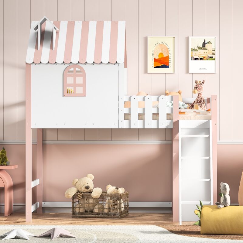 Tanant - Lit mezzanine 90x200cm, 1 place, Bois massif, avec cloisons ouvertes, barrière de sécurité, escalier, cadre de lit, sommier à lattes, Adapté