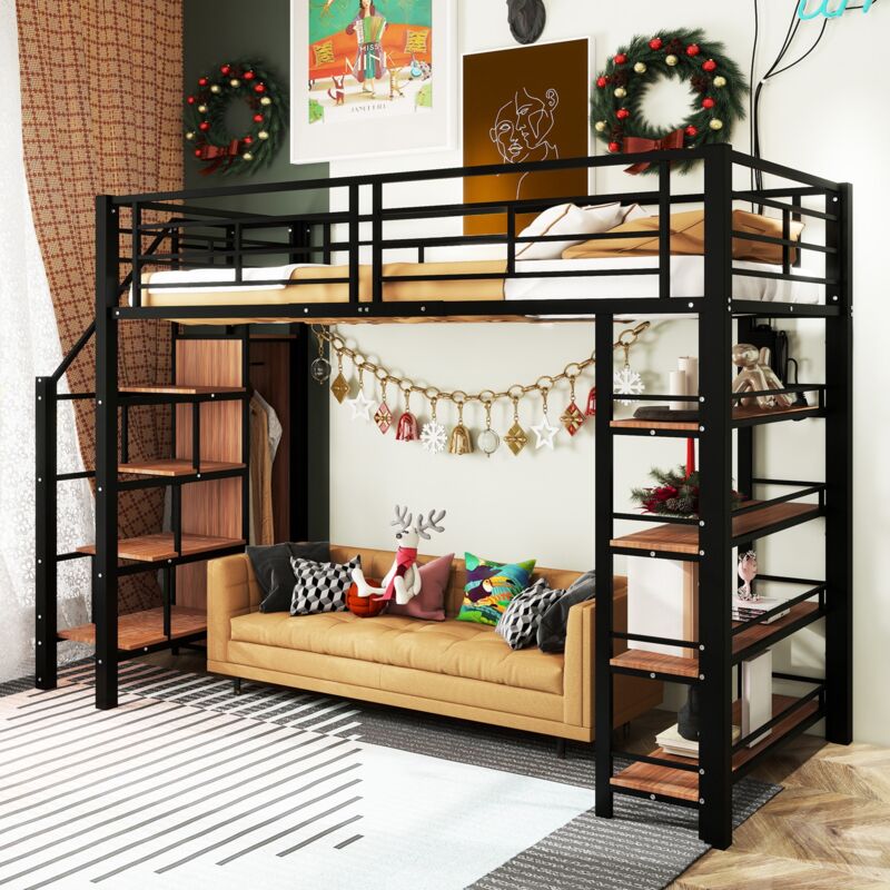 Lit mezzanine 90x200 cm, avec armoire, 4 escalier de rangement, sommier à lattes, clôture de sécurité, cadre en métal, pour adultes enfant - Noir