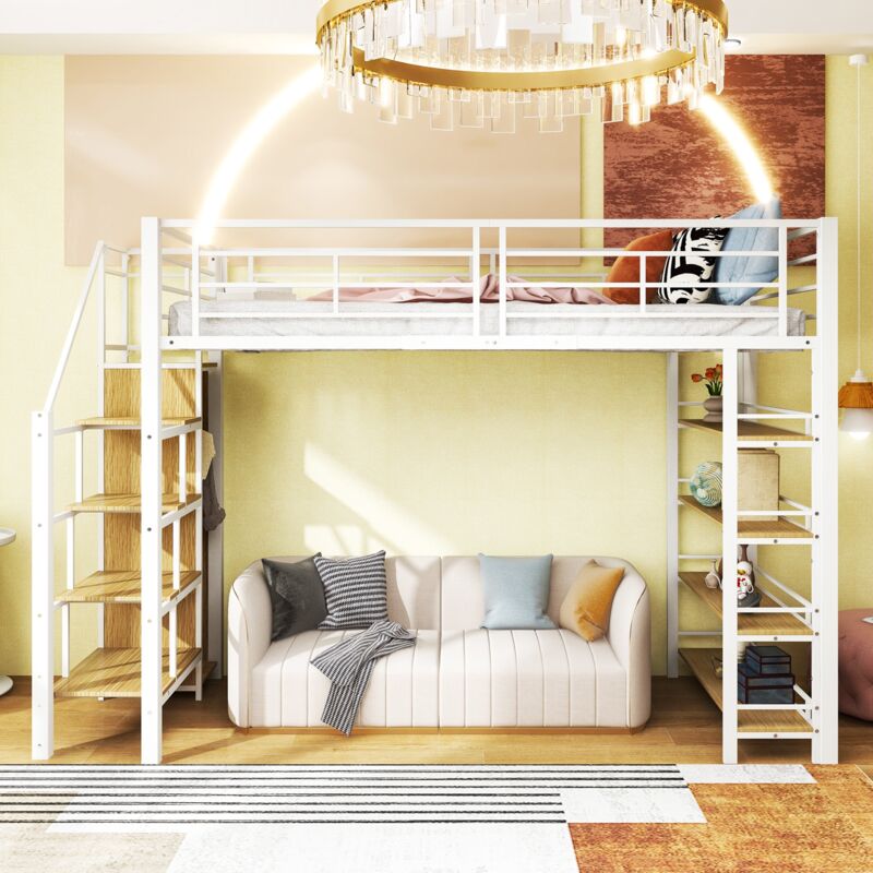 Lit mezzanine 90x200 cm, avec armoire, 4 escalier de rangement, sommier à lattes, clôture de sécurité, cadre en métal, pour adultes enfant - Blanc