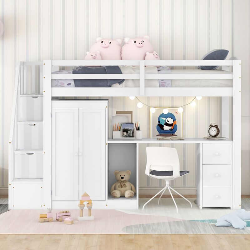 Lit mezzanine 90x200cm avec armoire et bureau, escalier et tiroirs, lit superposé lit ludique lit enfant bois de pin blanc