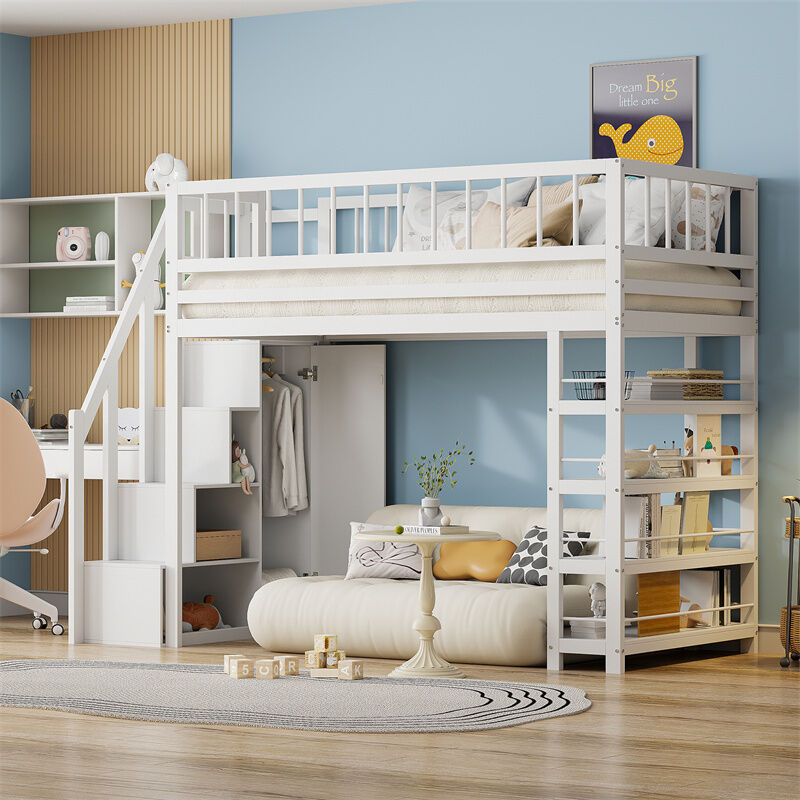 Fortuna Lai - Lit mezzanine 90x200cm, avec armoire et étagères et escaliers de rangements, haute clôture, en bois massif, blanc