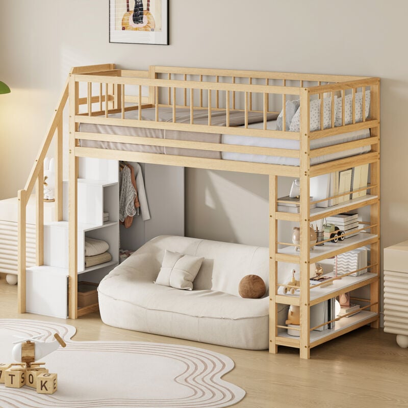 Lit mezzanine 90x200cm, avec armoire et étagères et escaliers de rangements, haute clôture, en bois massif, naturel