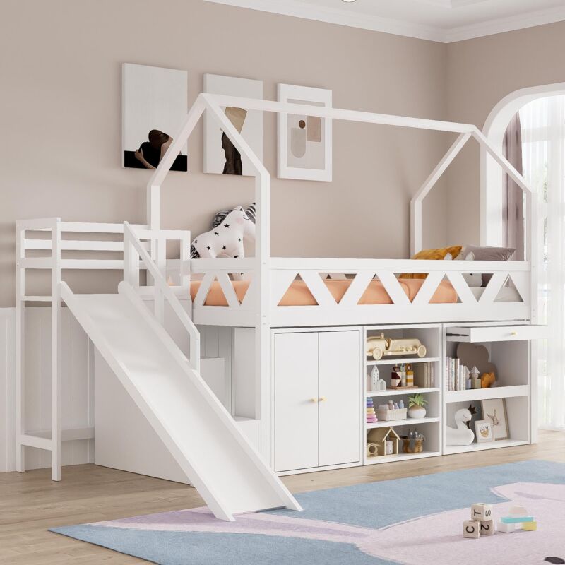Lit mezzanine 90x200cm, avec armoires, toboggan, escalier, tiroirs, sommier à lattes en bois, Lit enfant - blanc - Blanc