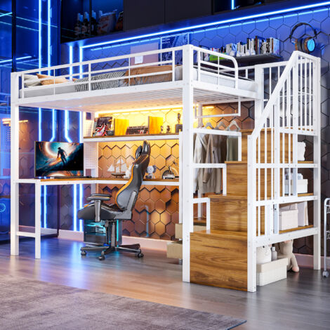 Lit mezzanine 90x200cm avec bande lumineuse LED,escalier avec rangement,fer Lit superposé avec 2 tiroirs et grille,cadres de lit,sans matelas(Blanc)