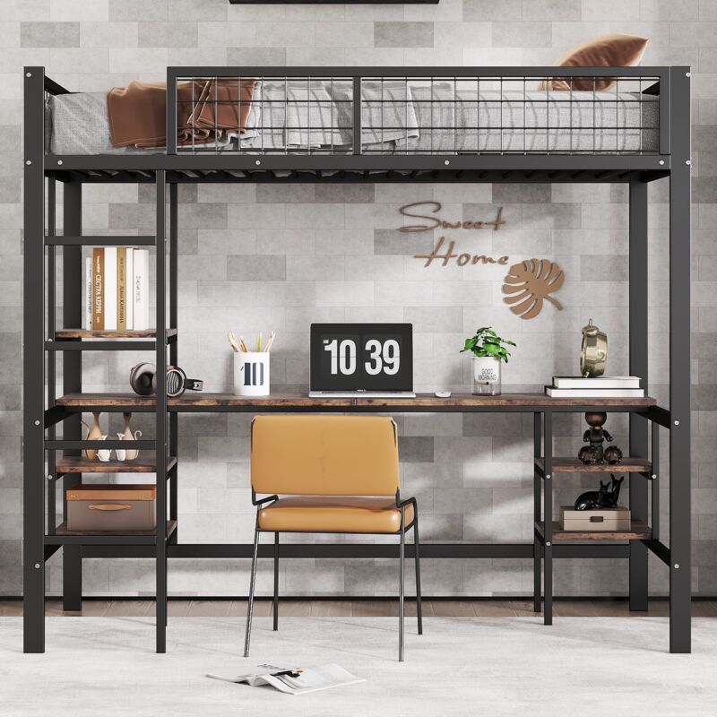 Tanant - Lit mezzanine 90x200cm avec bureau et étagère de rangement, escalier, barrière de sécurité, cadre de lit en métal, design vintage, Lit en