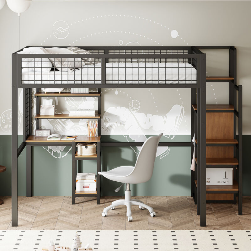 Modernluxe - Lit mezzanine enfant 140x200 cm avec structure en fer - avec échelle de rangement、une penderie et un bureau - Noir
