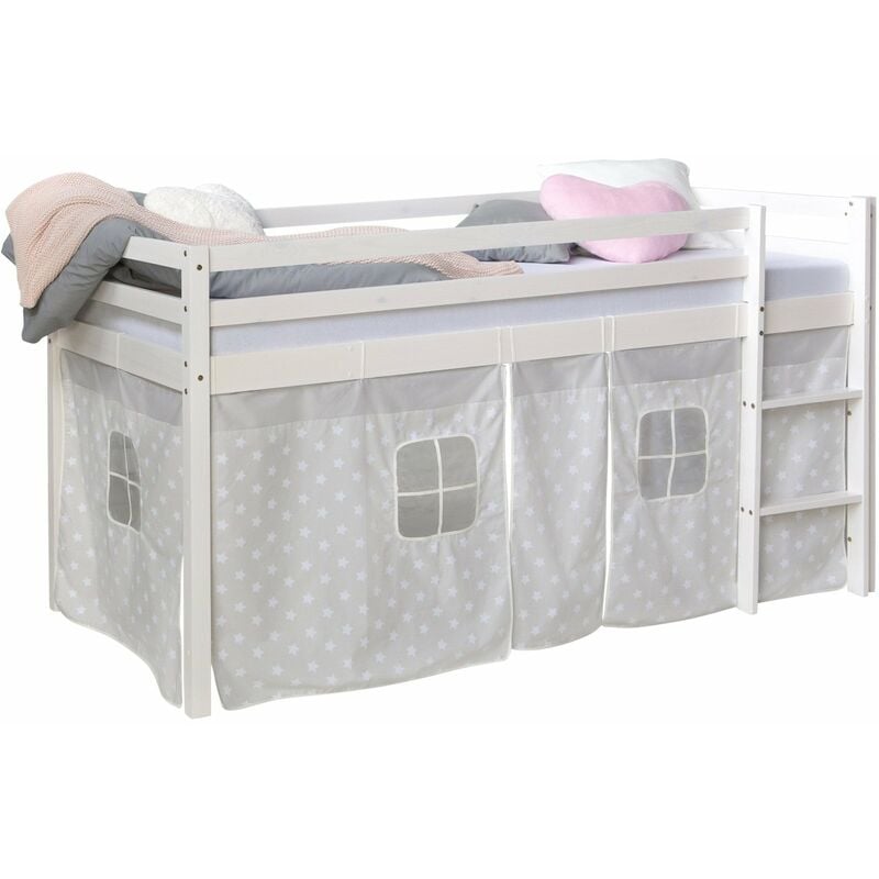 Lit mezzanine 90x200cm avec échelle en bois blanc avec tissu gris étoile LIT06183