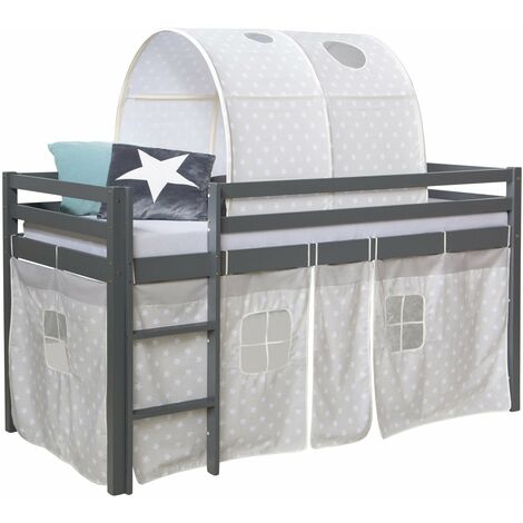 Lit mezzanine 90x200cm avec échelle en bois gris avec tissu étoile et tunnel - gris
