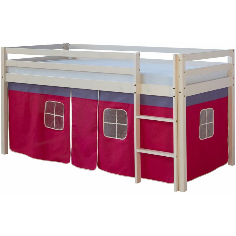 Lit mezzanine 90x200cm avec échelle en bois laqué blanc et toile rose incluse LIT06012