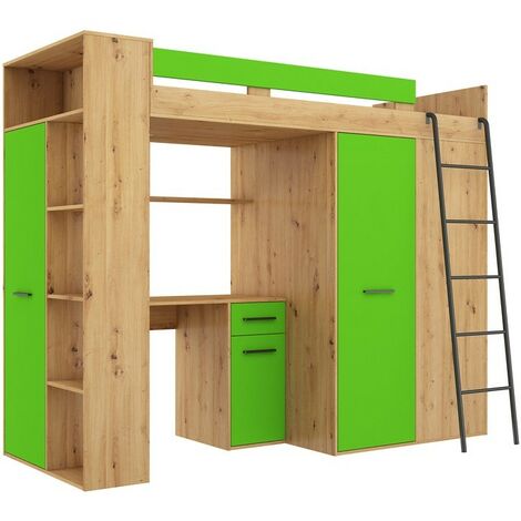 Lit Mezzanine 90x200cm avec échelle Placard, Bureau, bibliothèque et beaucoup d'étagéres VENA P Chêne artisan/vert