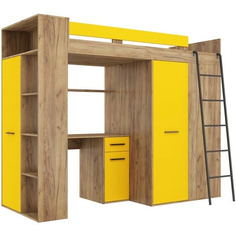 Lit Mezzanine 90x200cm avec échelle Placard, Bureau, bibliothèque et beaucoup d'étagéres VENA P Or artisan/jaune
