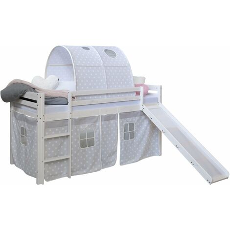 Lit mezzanine 90x200cm avec échelle toboggan en bois blanc avec tissu gris étoile et tunnel - gris