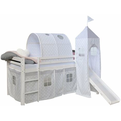 Lit mezzanine 90x200cm avec échelle toboggan en bois blanc avec tissu gris étoile tunnel et tour LIT06182