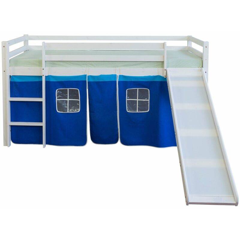 Décoshop26 - Lit mezzanine 90x200cm avec échelle toboggan en bois blanc et toile bleu