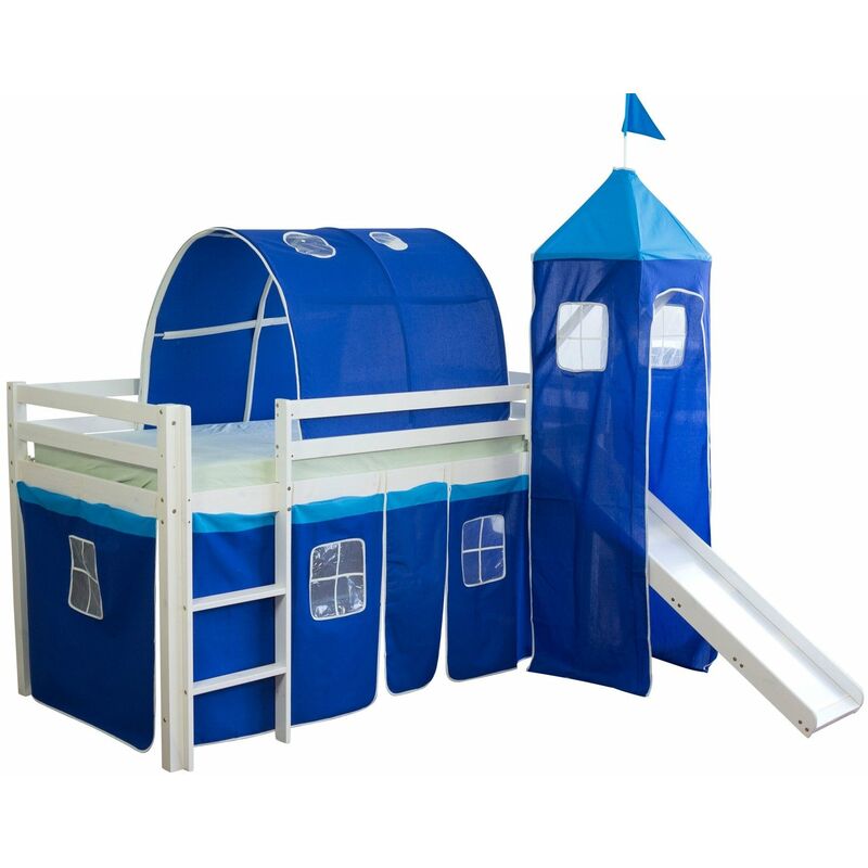 Lit mezzanine 90x200cm avec échelle toboggan en bois blanc et toile bleu incluse LIT06108