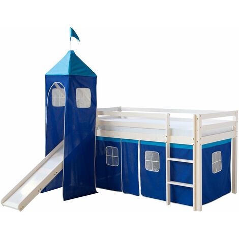Lit mezzanine 90x200cm avec échelle toboggan en bois blanc et toile bleu incluse - bleu
