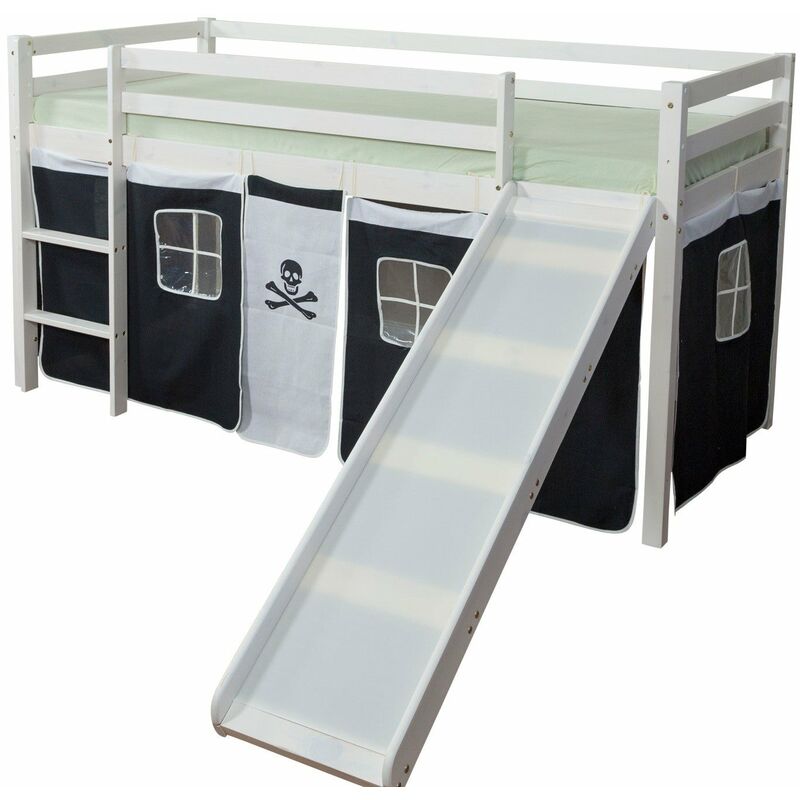Lit mezzanine 90x200cm avec échelle toboggan en bois blanc et toile noir pirate LIT06117