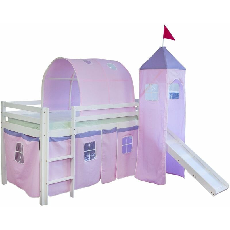 Décoshop26 - Lit mezzanine 90x200cm avec échelle toboggan en bois blanc et toile rose incluse LIT06107