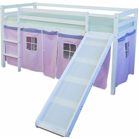 Lit mezzanine 90x200cm avec échelle toboggan en bois blanc et toile rose - Rose