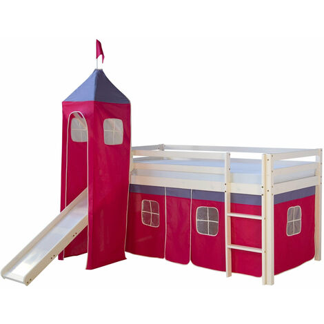Lit mezzanine 90x200cm avec échelle toboggan en bois blanc et toile rouge incluse LIT06151