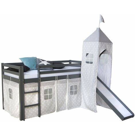 Lit mezzanine 90x200cm avec échelle toboggan en bois gris avec tissu étoile et tour - gris