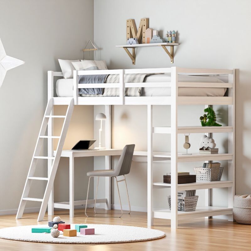 Lit mezzanine 90x200 cm avec bureau et 4 rangements, escalier, barrières de sécurité, sommier à lattes, cadre de lit en bois massif, convient aux