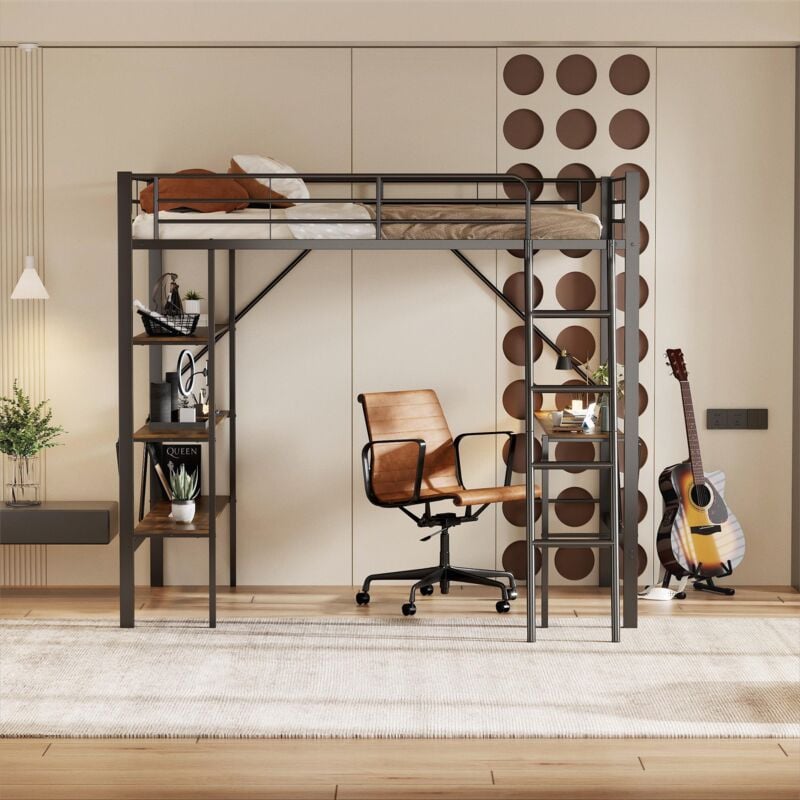 Tanant - Lit mezzanine 90x200cm - avec trois étagères et bureau, structure en métal, adapté aux enfants, adolescents et adultes, style industriel,