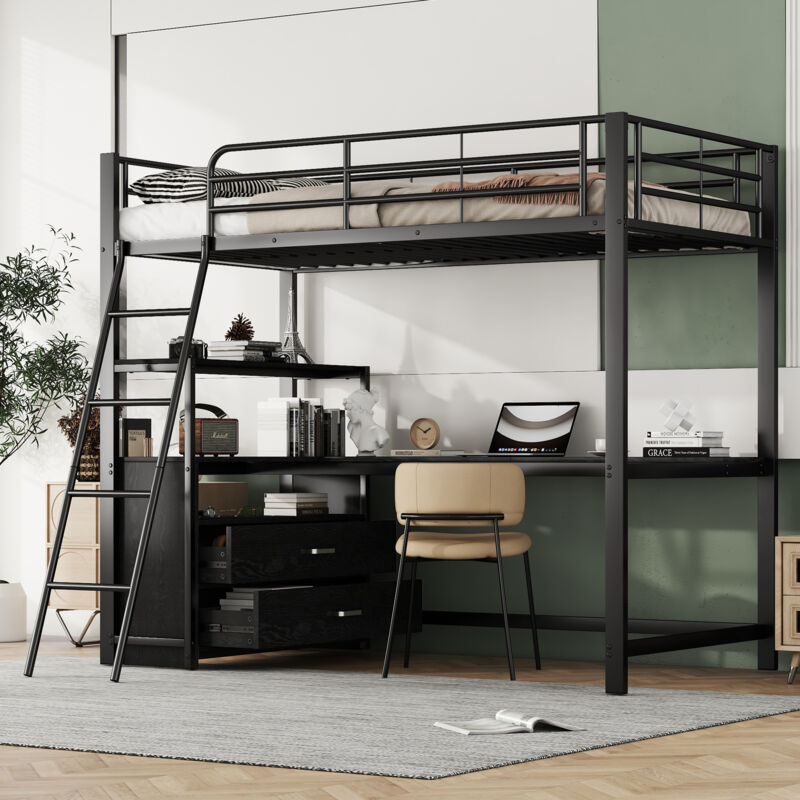 Modernluxe - Lit mezzanine 90x200cm - bureau d'angle avec tiroirs - en mdf et métal - Noir