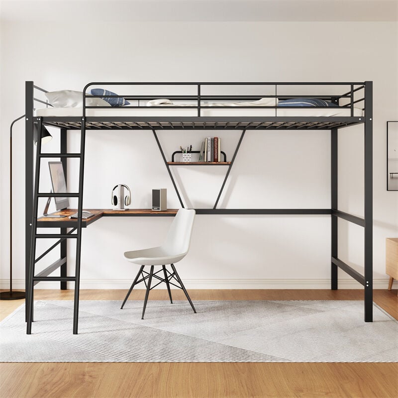 Lit mezzanine 90x200cm, lit enfant en métal avec échelle, bureau en forme de l et 1 étagère, noir