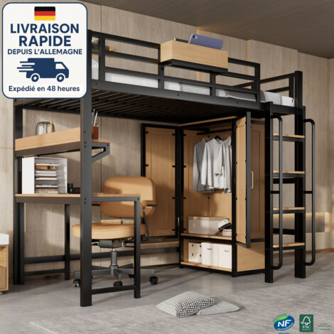 Lit mezzanine 90x200cm en métal et MDF noir/naturel — armoire 2 portes, bureau intégré, étagères, escalier avec main courante