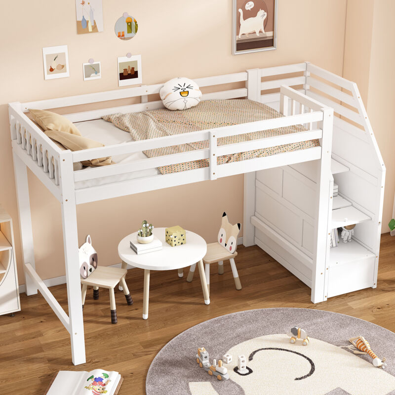 Modfu - Lit mezzanine 90x200cm, escalier avec rangement, lit enfant, en bois, sans matelas, lit simple, blanc
