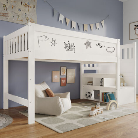 Lit mezzanine 90x200cm escalier avec rangements MDF et bois garde corps sécurisé blanc (Sans matelas)