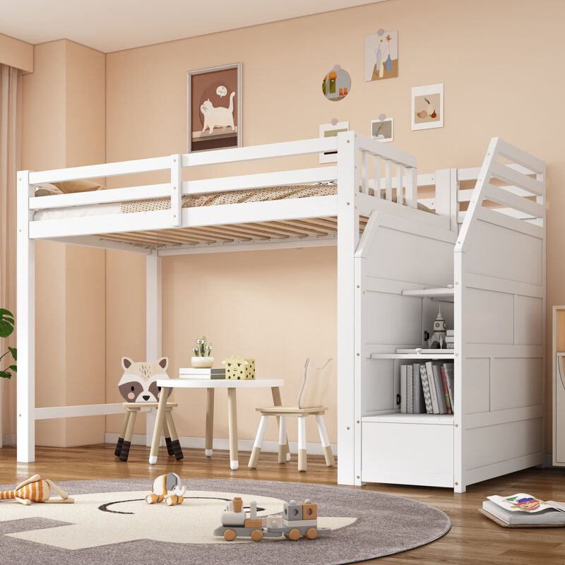 Lit mezzanine, 90x200cm, lit avec sommier à lattes (sans matelas), balustrade, marches escamotables, espace libre pour s'habiller selon ses envies,