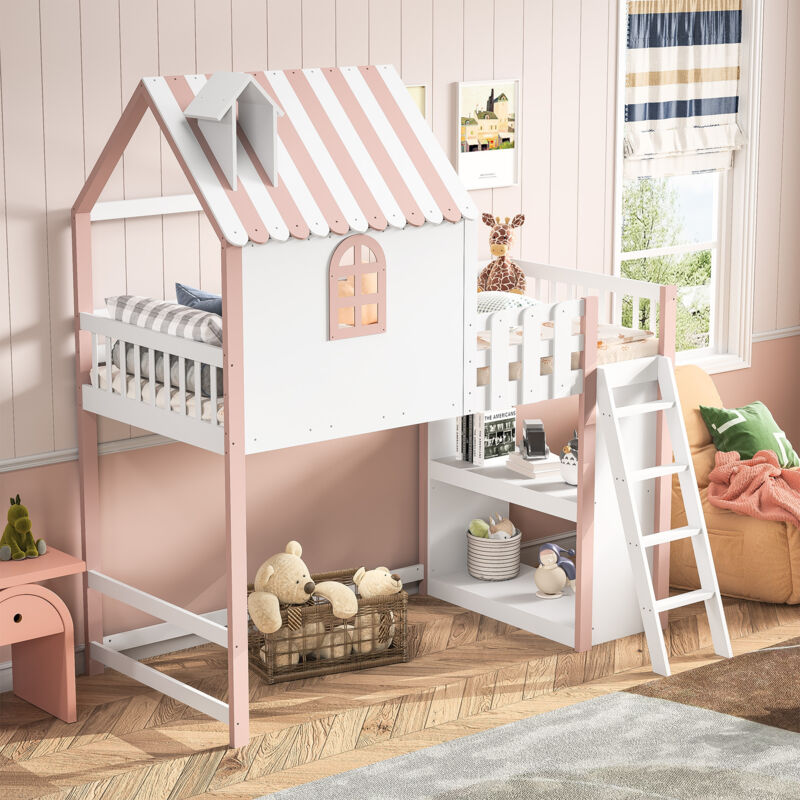 Lit mezzanine 90x200cm, lit cabane d'enfant en forme de toit avec échelle, étagère de rangement, en bois massif, rose