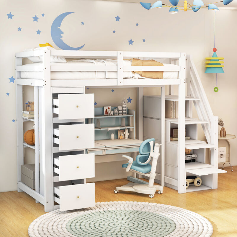 Lit mezzanine 90x200cm - lit enfant avec armoire à 4 tiroirs, étagères et échelle d'escalade de rangement - bois massif blanc
