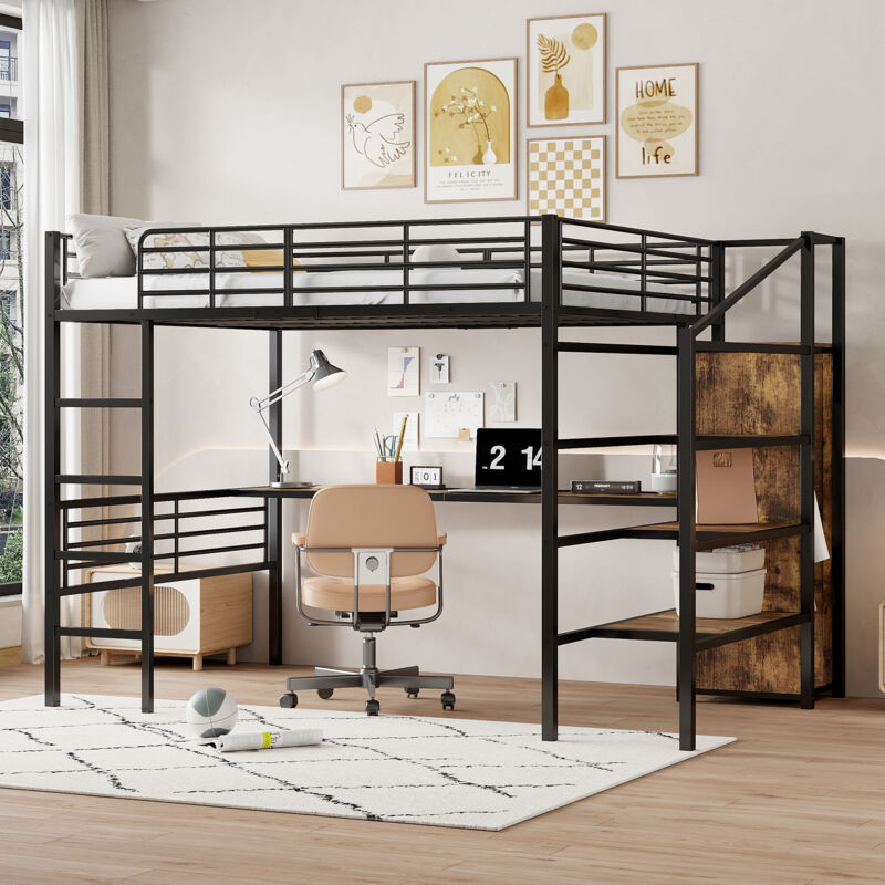 Fortuna Lai - Lit mezzanine 140x200cm - lit enfant avec bureau, armoire ouverte, échelle de rangement - structure en fer, noir