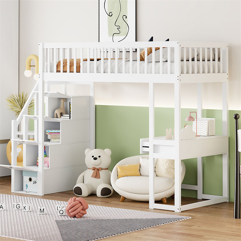 Lit mezzanine 90x200cm - lit enfant avec bureau avec tiroirs, escalier de rangement, sommier à lattes - cadre en pin- blanc