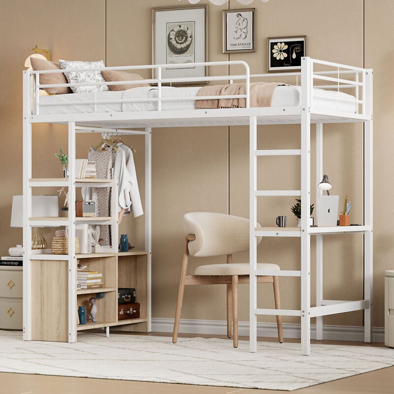 Lit mezzanine 90x200cm - Lit enfant avec bureau, prise usb, échelles étagères et placard de rangement ouvert - en fer blanc