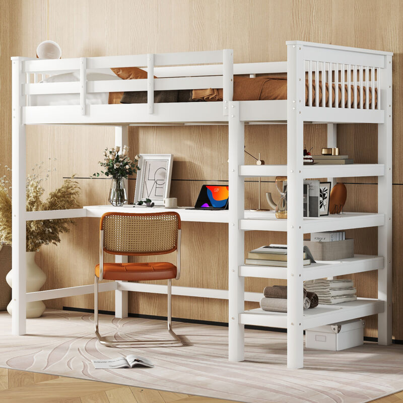 Lit mezzanine 90x200cm - Lit enfant avec bureau sous lit et échelles de rangement - sans matelas - blanc