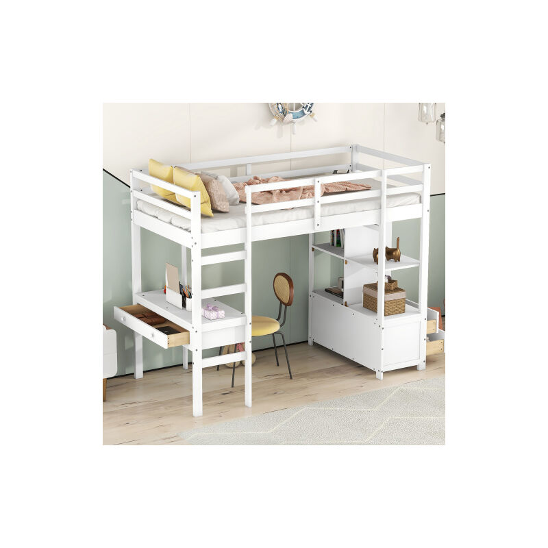Lit mezzanine 90x200cm en pin massif avec bureau + tiroirs + étagères + sommier à lattes - Blanc