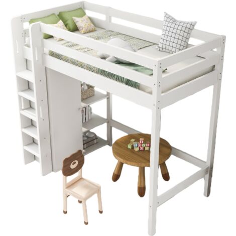 Lit mezzanine 90x200cm Lit enfant avec dressing intégré et 6 étagères - Blanc