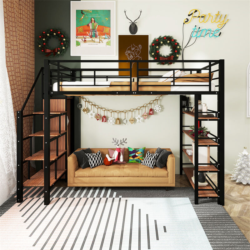 Lit mezzanine 90x200cm, lit enfant avec échelles et étagères de rangement et petite penderie, design haute clôture, noir