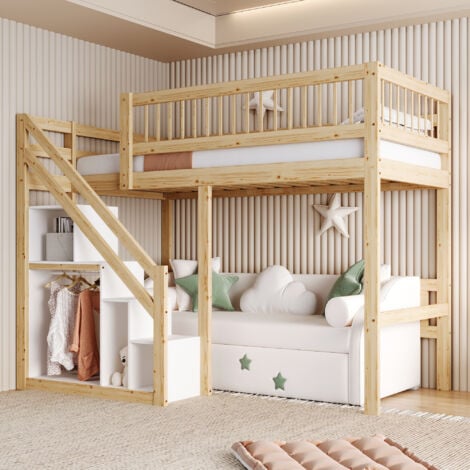 Lit mezzanine 90x200cm, lit enfant avec escalier avec meuble de rangement, structure en bois massif, version haute, naturel