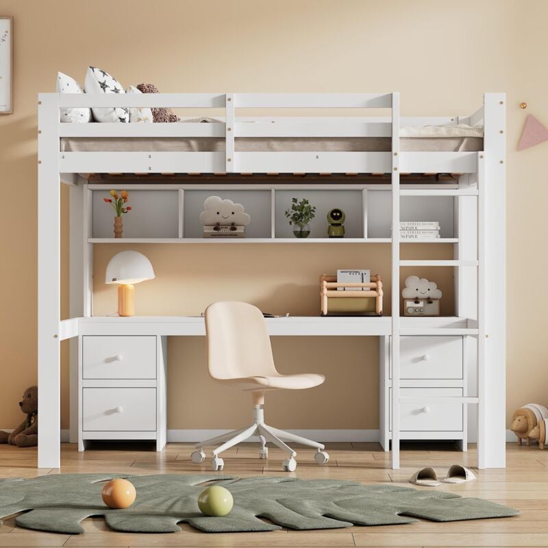Lit mezzanine 90x200cm - lit enfant avec grand bureau avec 4 tiroirs, étagères de rangement, escalier stable, sommier à lattes - Blanc - Blanc