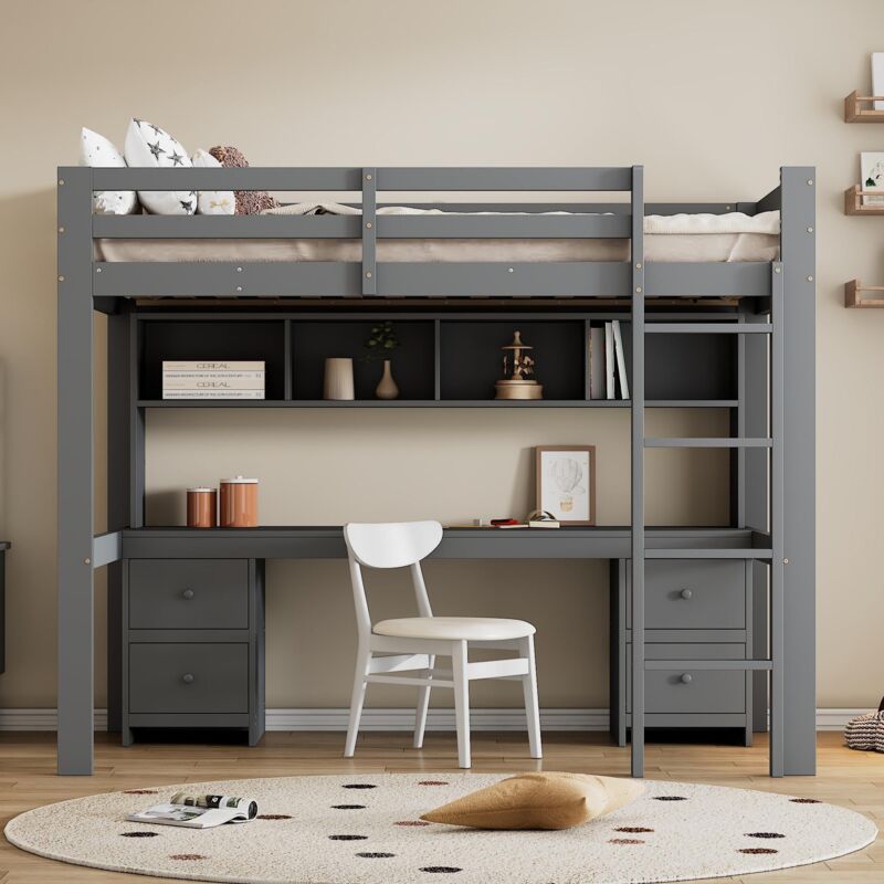 Lit mezzanine 90x200cm - lit enfant avec grand bureau avec 4 tiroirs, étagères de rangement, escalier stable, sommier à lattes - gris