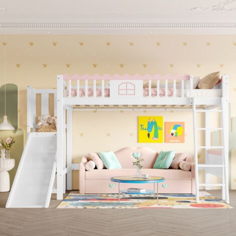 Lit mezzanine 90x200cm, lit enfant avec sommier à lattes, bande lumineuse LED, toboggan, avec barrière de sécurité et compartiment de rangement, bois de pin, certifié EN747, Blanc