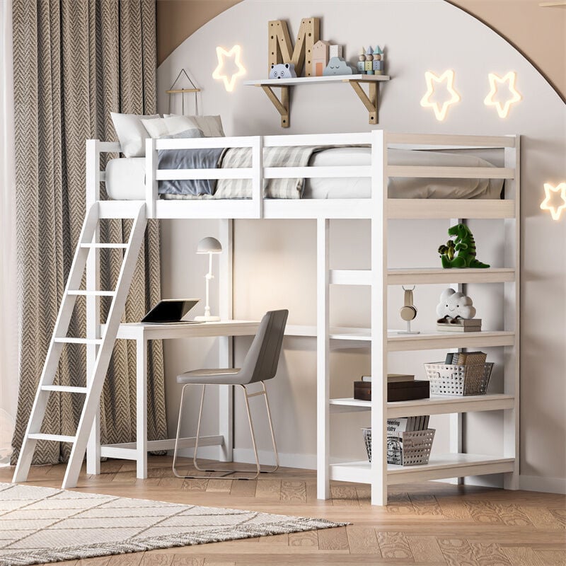 Lit mezzanine 90x200cm - lit enfant avec sommier à lattes, bureau, étagères de rangement, échelle inclinée - Blanc
